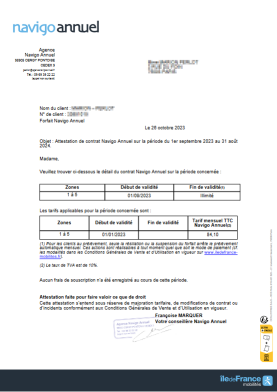 Attestation de contrat Navigo Annuel nominative